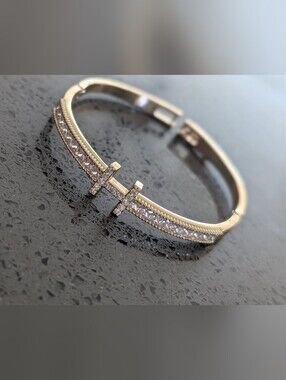 Gold Double Clear Pave Bracelet with Clear Stones - H Style Gold Bracelet